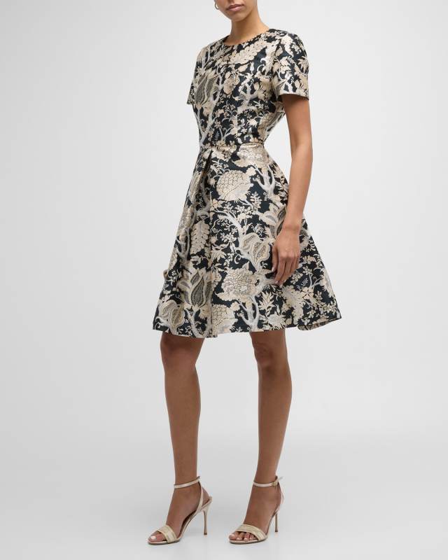 Jacquard A-Line Dress with Box Pleat